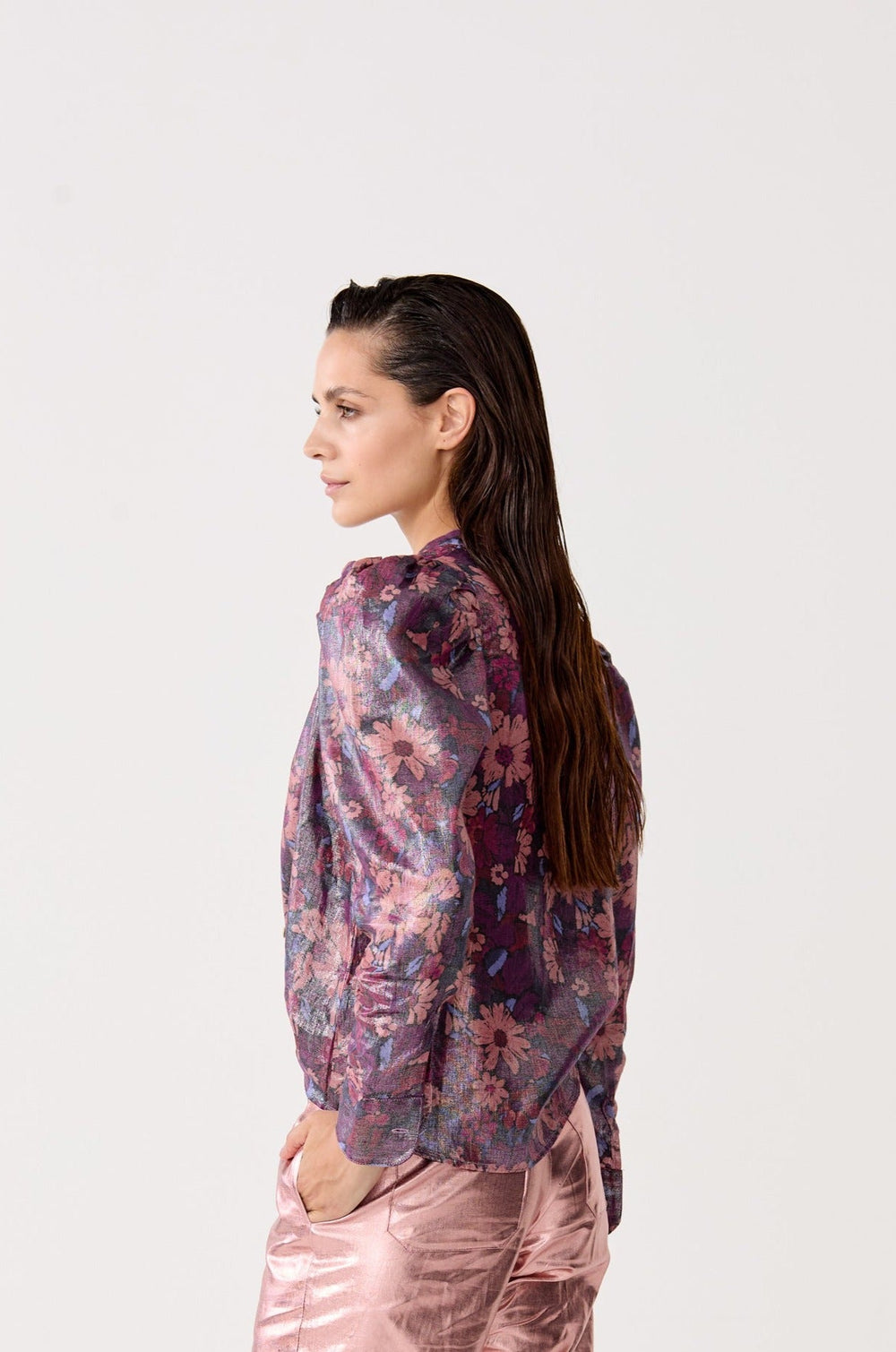 Lilium Metallic Linen Shirt - Gerbera Print