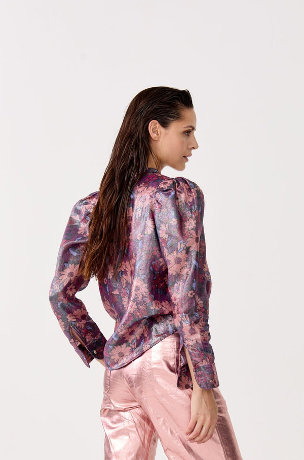 Lilium Metallic Linen Shirt - Gerbera Print