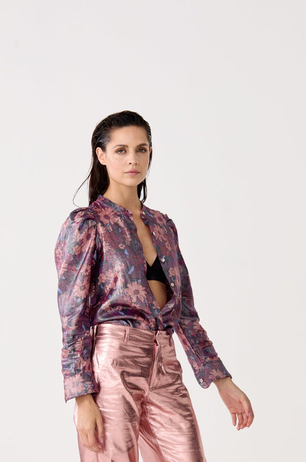 Lilium Metallic Linen Shirt - Gerbera Print
