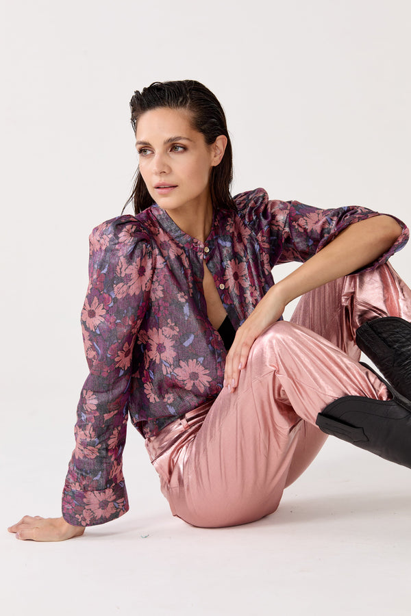 Lilium Metallic Linen Shirt - Gerbera Print