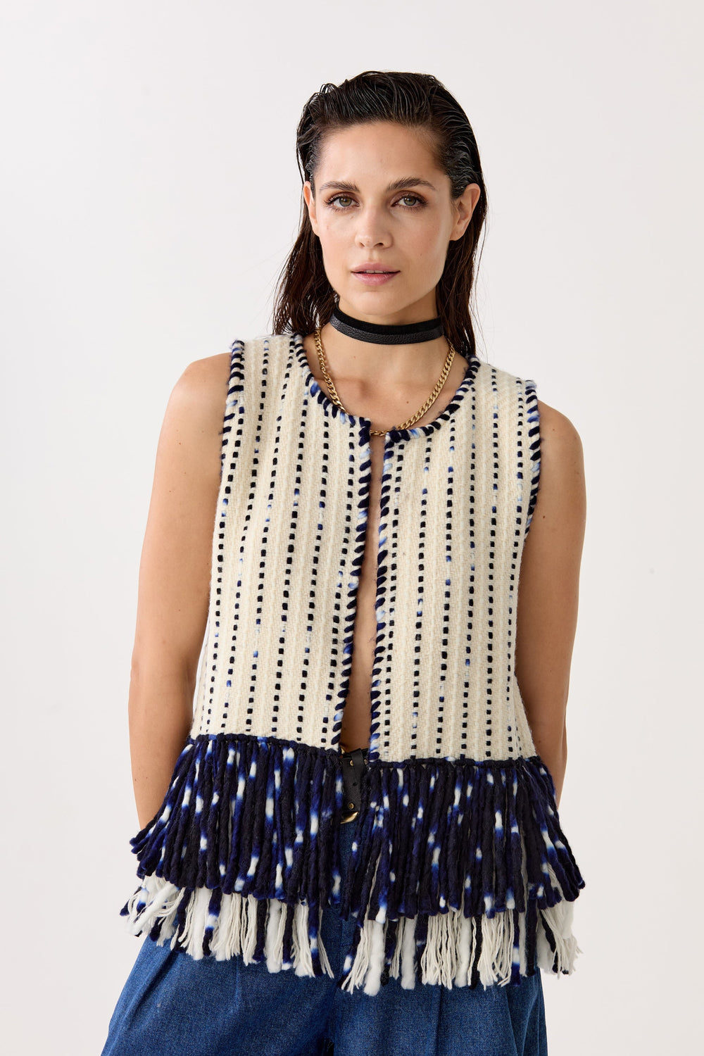 Western Merino Wool Vest - Natural with Navy Blue Fringes