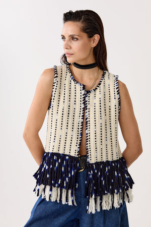 Western Merino Wool Vest - Natural with Navy Blue Fringes