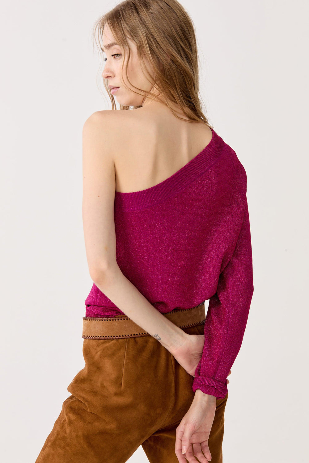 One Shoulder Glitter Knitted Top - Fucsia