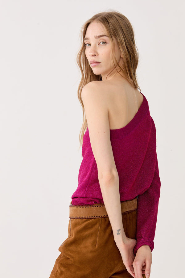 One Shoulder Glitter Knitted Top - Fucsia