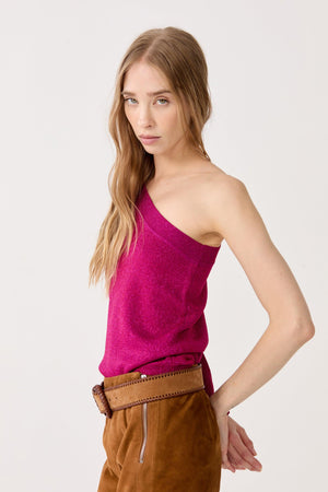 One Shoulder Glitter Knitted Top - Fucsia