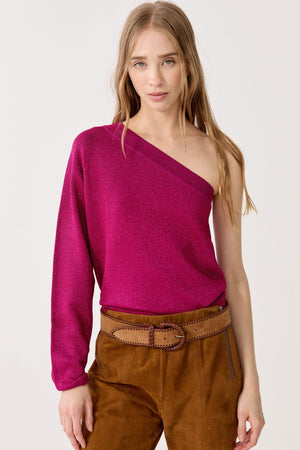 One Shoulder Glitter Knitted Top - Fucsia
