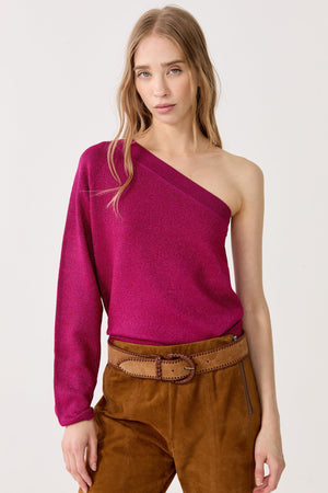 One Shoulder Glitter Knitted Top - Fucsia