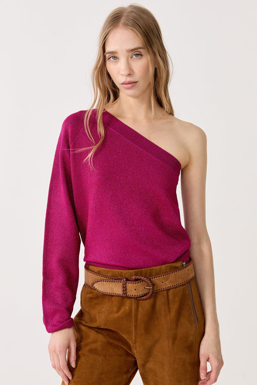 One Shoulder Glitter Knitted Top - Fucsia