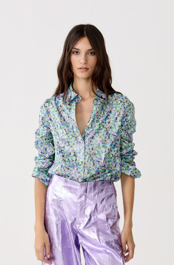 San Marino Metallic Linen Shirt - Meadow Print
