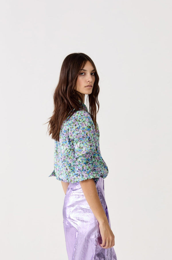 San Marino Metallic Linen Shirt - Meadow Print