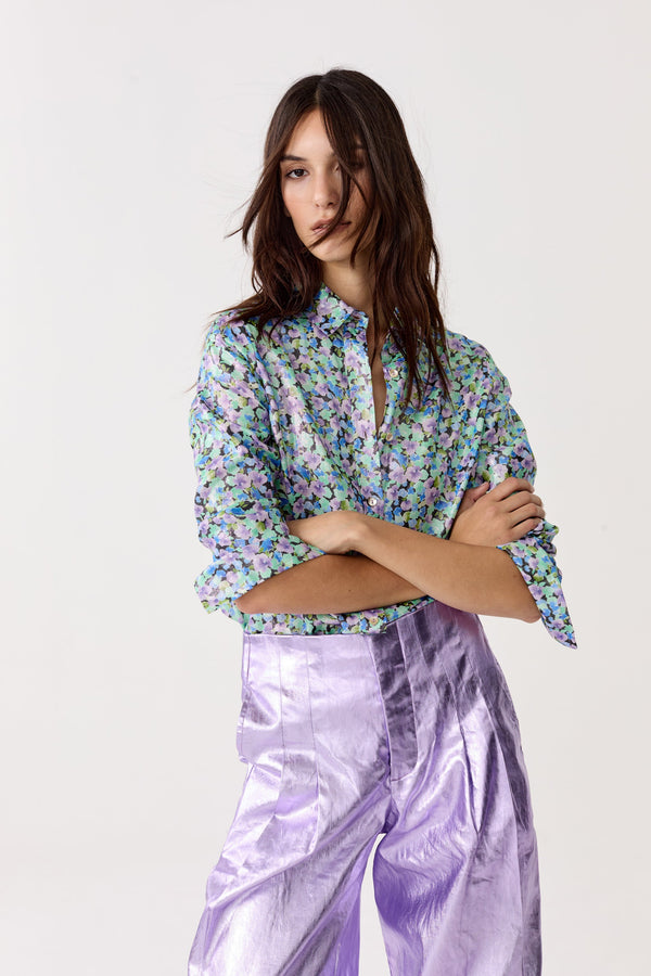 San Marino Metallic Linen Shirt - Meadow Print