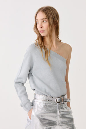 One Shoulder Glitter Knitted Top - Silver
