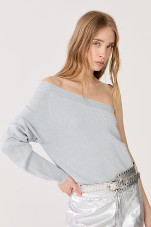 One Shoulder Glitter Knitted Top - Silver