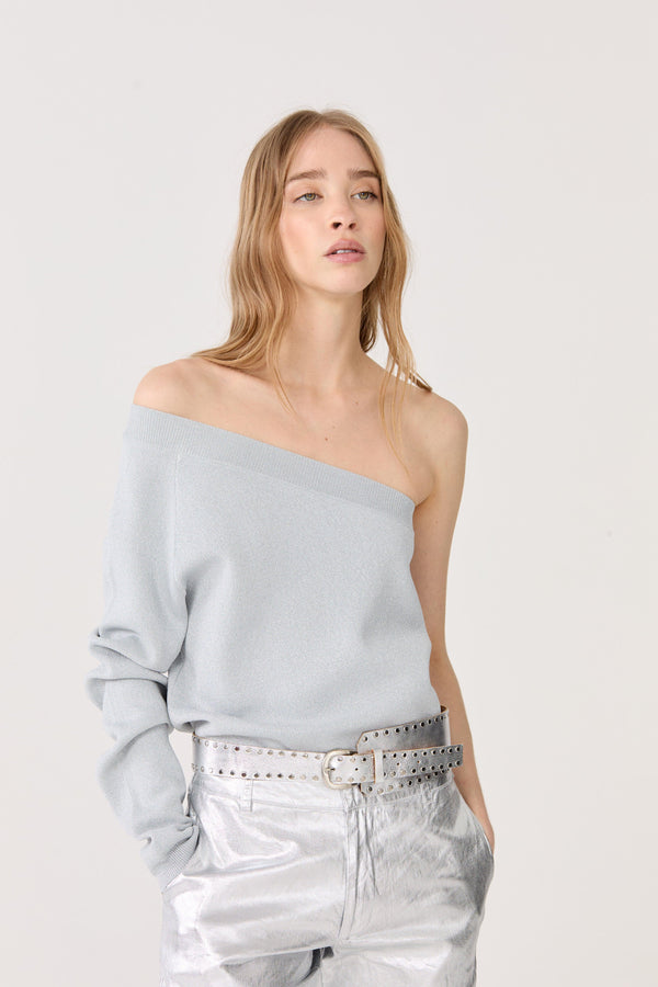 One Shoulder Glitter Knitted Top - Silver