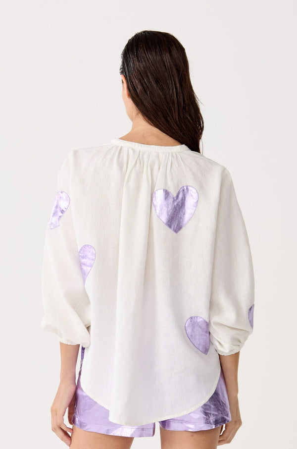 Cupid Linen Shirt - Off-white with Metallic Violet Hearts