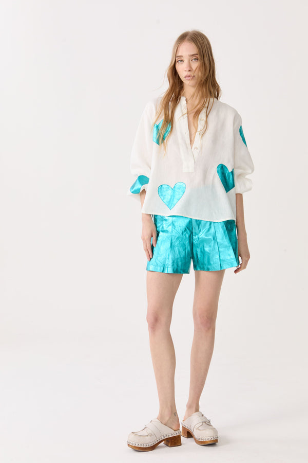 Frida Metallic Linen Shorts - Turquoise