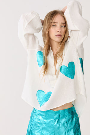 Cupid Linen Shirt - Off-white with Metallic Turquoise Hearts
