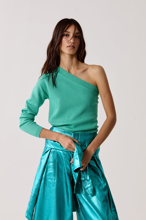 One Shoulder Glitter Knitted Top - Turquoise