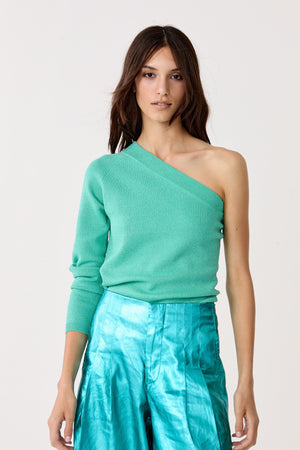 One Shoulder Glitter Knitted Top - Turquoise