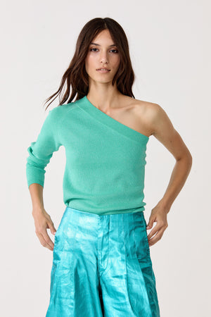 One Shoulder Glitter Knitted Top - Turquoise