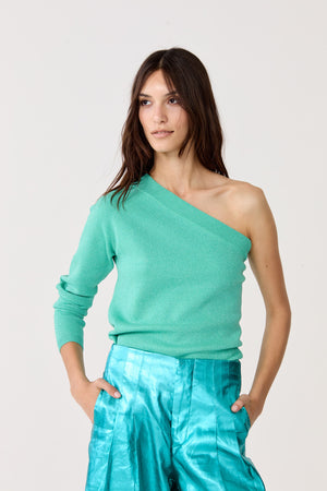 One Shoulder Glitter Knitted Top - Turquoise