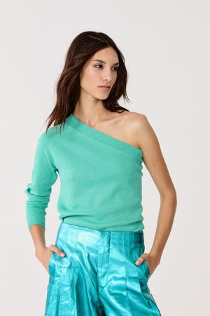 One Shoulder Glitter Knitted Top - Turquoise