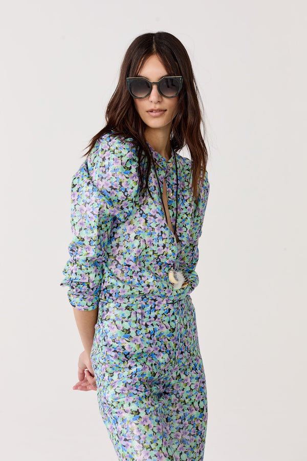 Lilium Metallic Linen Shirt - Meadow Print