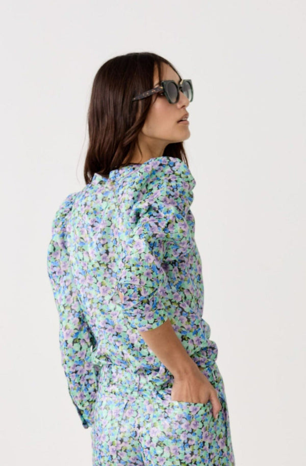 Lilium Metallic Linen Shirt - Meadow Print