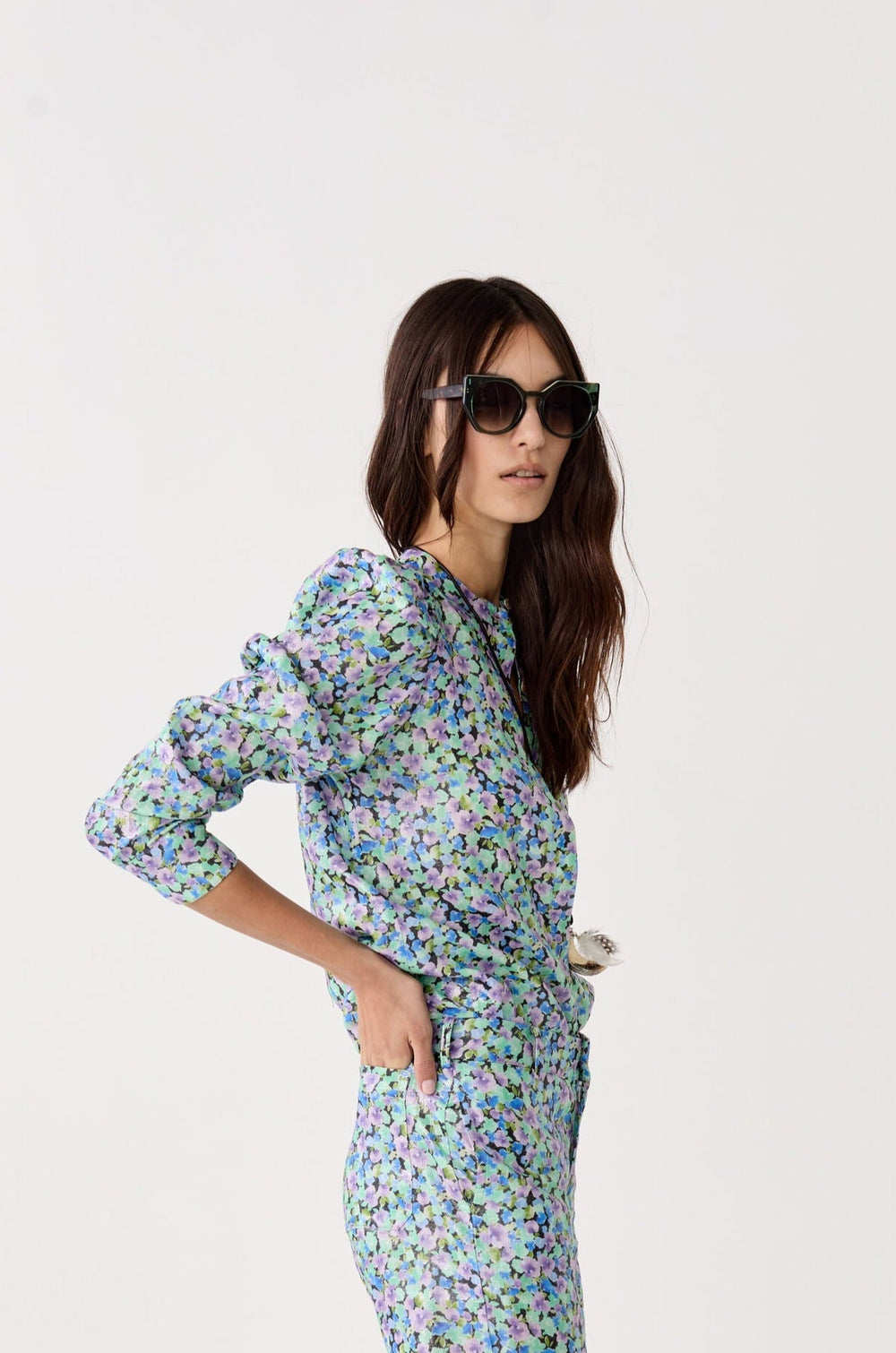 Lilium Metallic Linen Shirt - Meadow Print