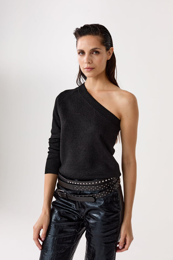 One Shoulder Glitter Knitted Top - Black