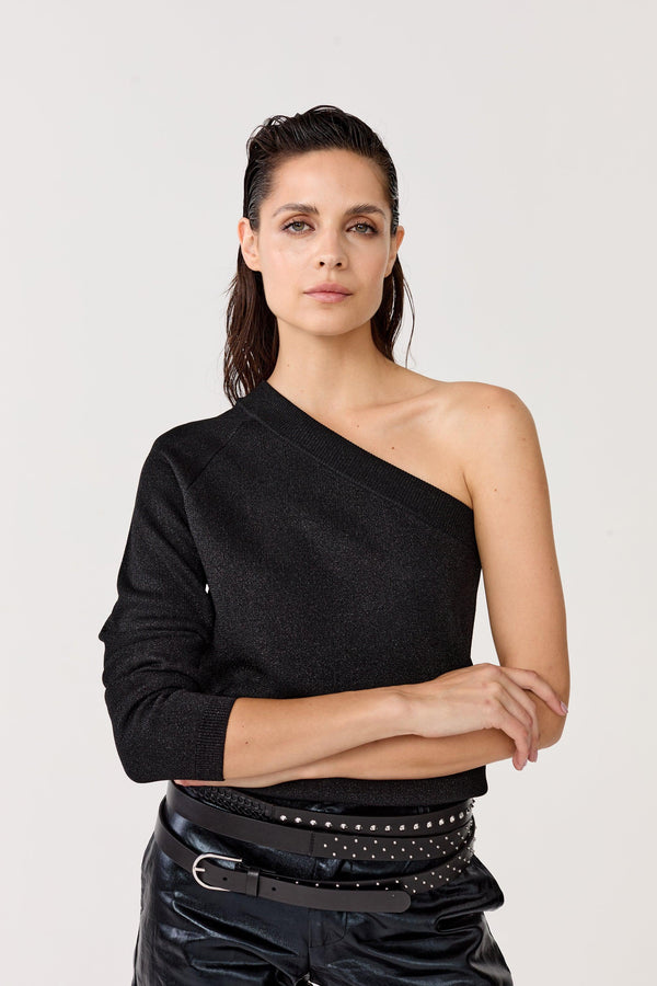One Shoulder Glitter Knitted Top - Black