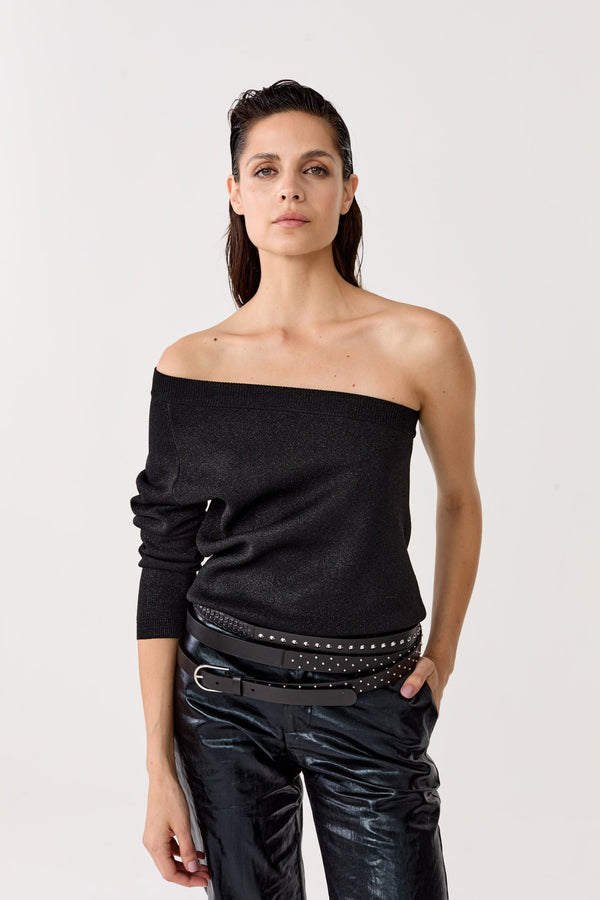 One Shoulder Glitter Knitted Top - Black