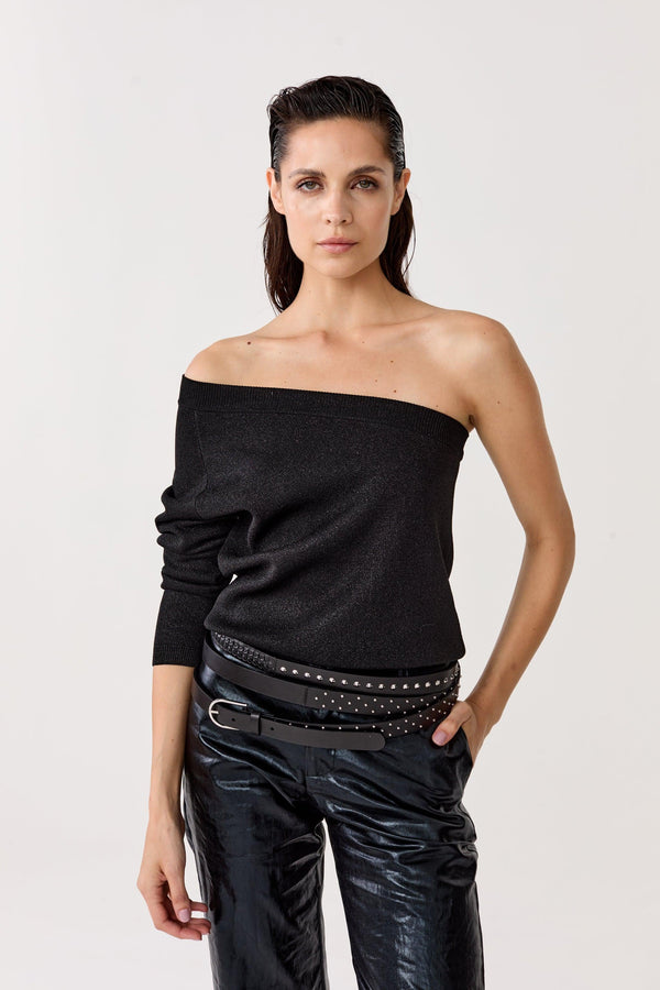 One Shoulder Glitter Knitted Top - Black