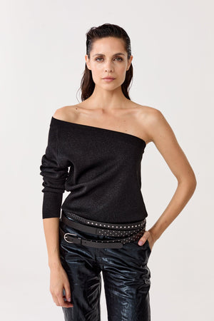 One Shoulder Glitter Knitted Top - Black