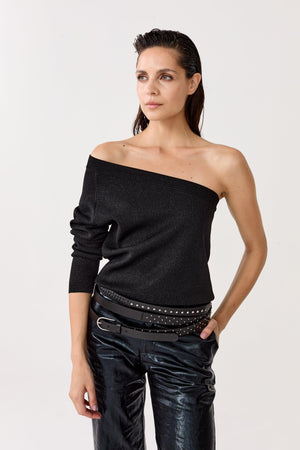One Shoulder Glitter Knitted Top - Black