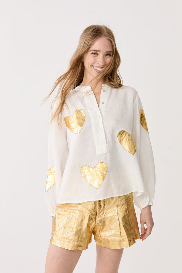 Cupid Linen Shirt - Off-White w/ Gold Hearts