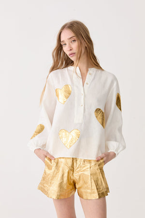 Cupid Linen Shirt - Off-White w/ Gold Hearts