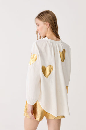 Cupid Linen Shirt - Off-White w/ Gold Hearts