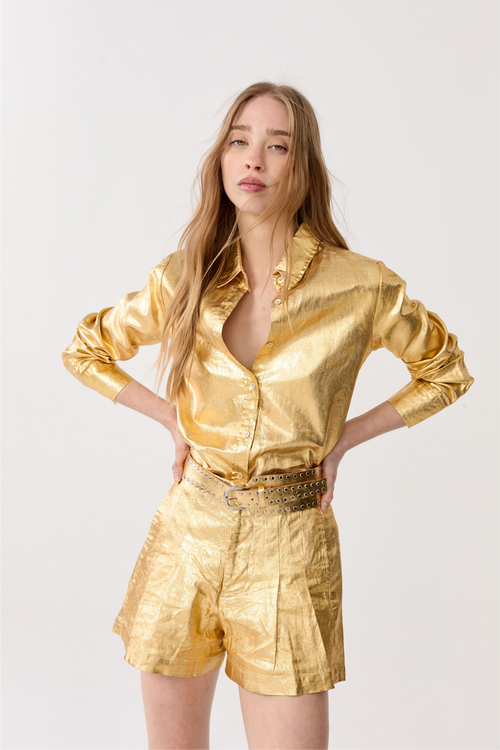 Frida Metallic Linen Shorts - Gold