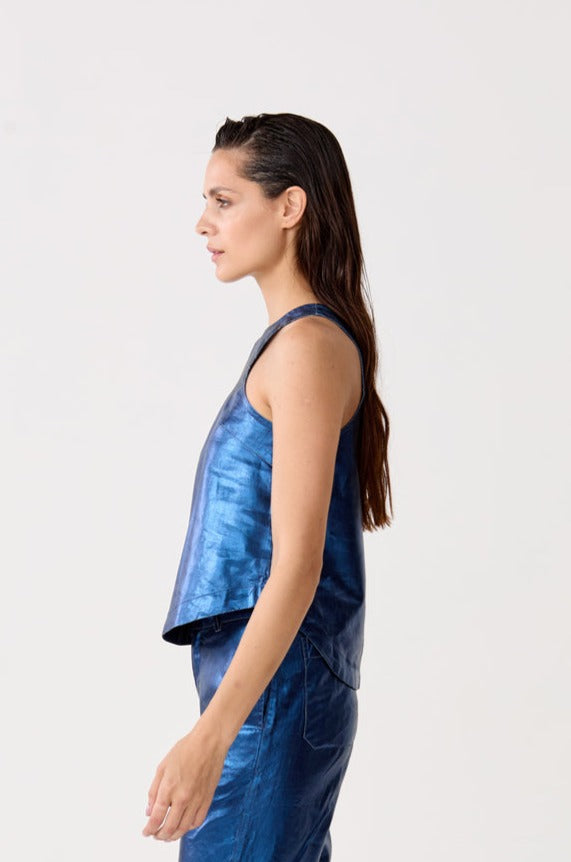 Loto Metallic Linen Top - Dark Blue