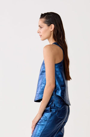 Loto Metallic Linen Top - Dark Blue