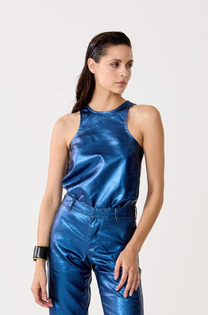 Loto Metallic Linen Top - Dark Blue