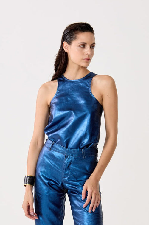 Loto Metallic Linen Top - Dark Blue