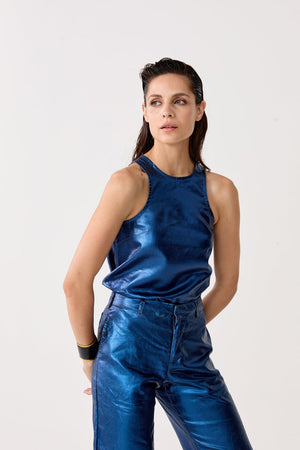 Loto Metallic Linen Top - Dark Blue