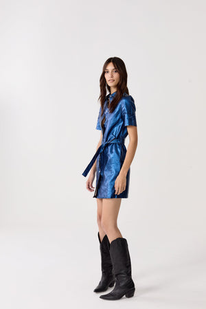 Franca Metallic Linen Dress - Dark Blue