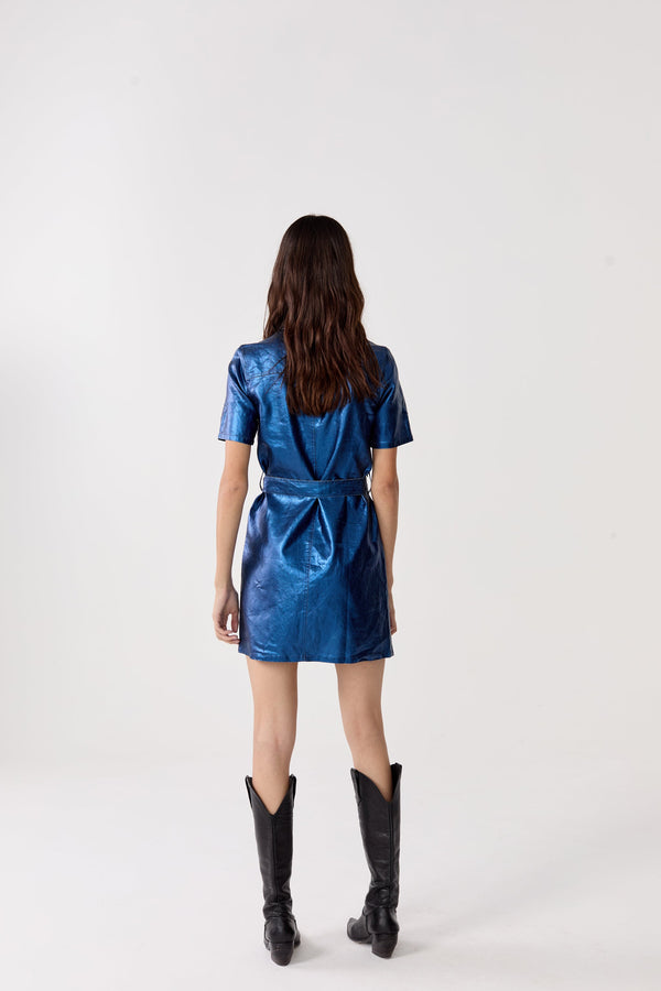 Franca Metallic Linen Dress - Dark Blue