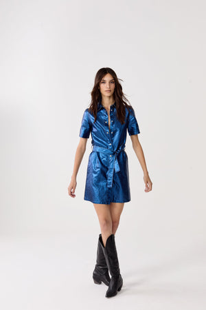 Franca Metallic Linen Dress - Dark Blue