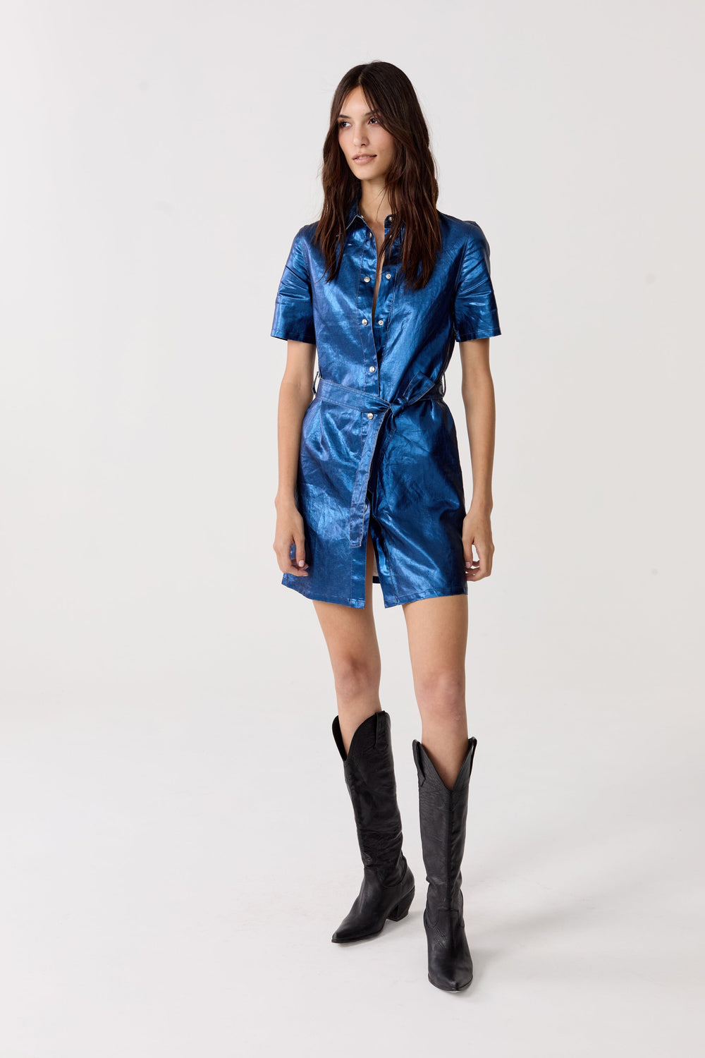 Franca Metallic Linen Dress - Dark Blue