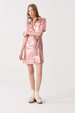 Franca Metallic Linen Dress - Peach Fuzz