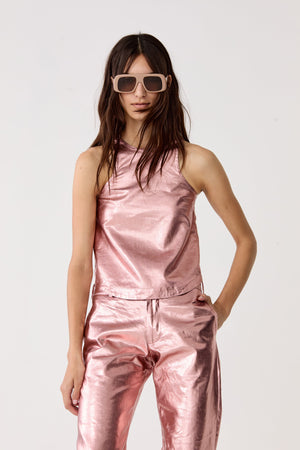 Loto Metallic Linen Top - Metallic Peach Fuzz